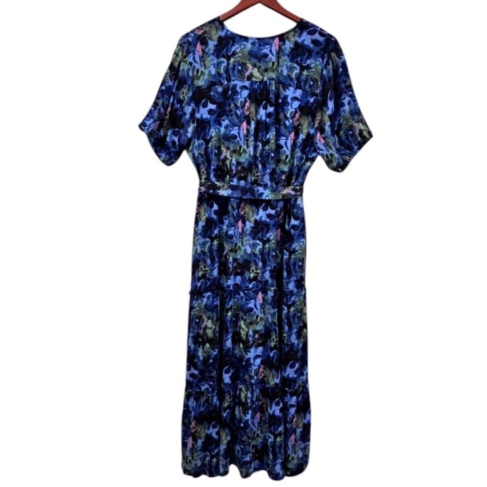 Painterly Blue Floral Maxi Shirt Dress Sz XXL Belted Cottagecore Boho Modest NEW